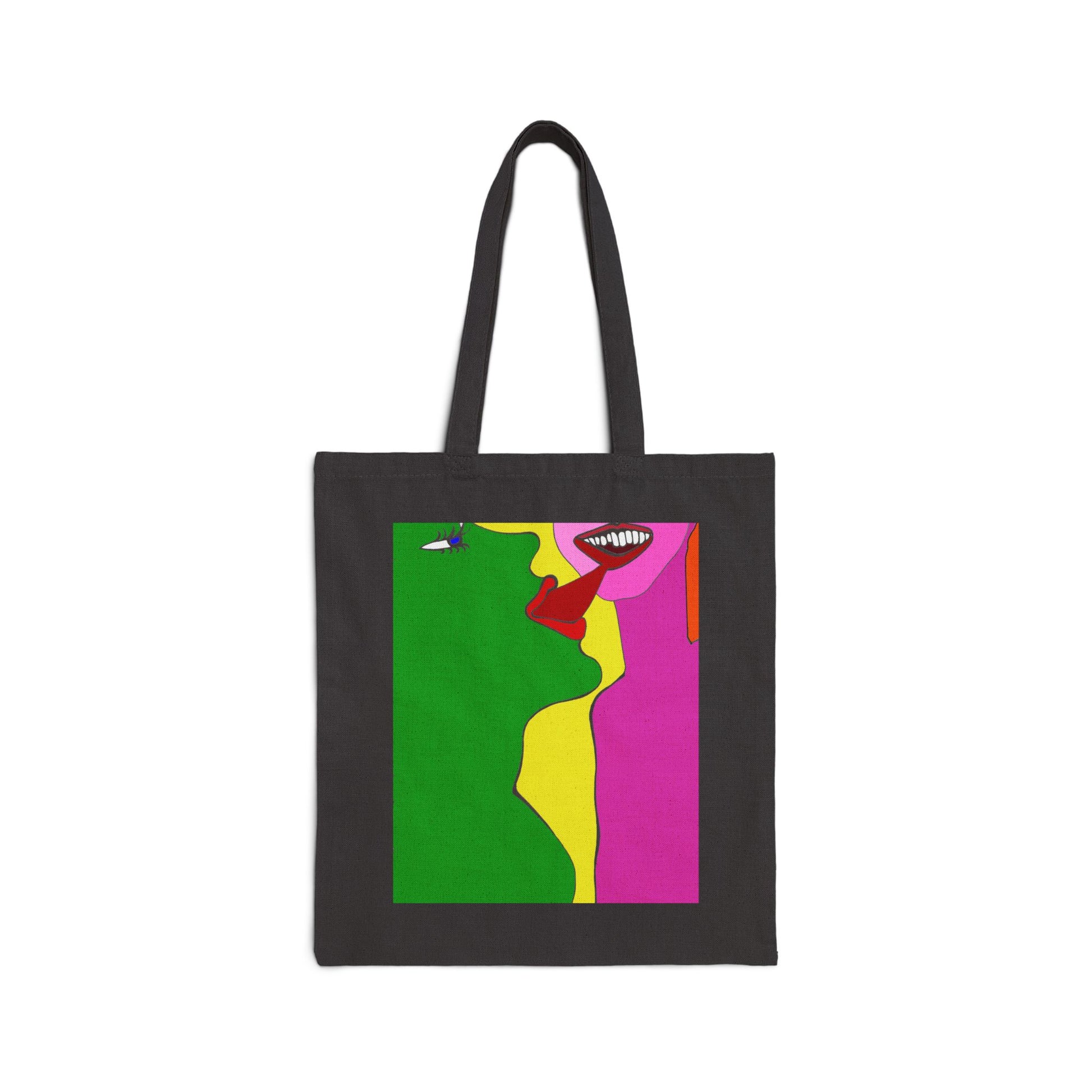 The Kiss Tote Bag front view black canvas tote featuring vibrant abstract artwork print