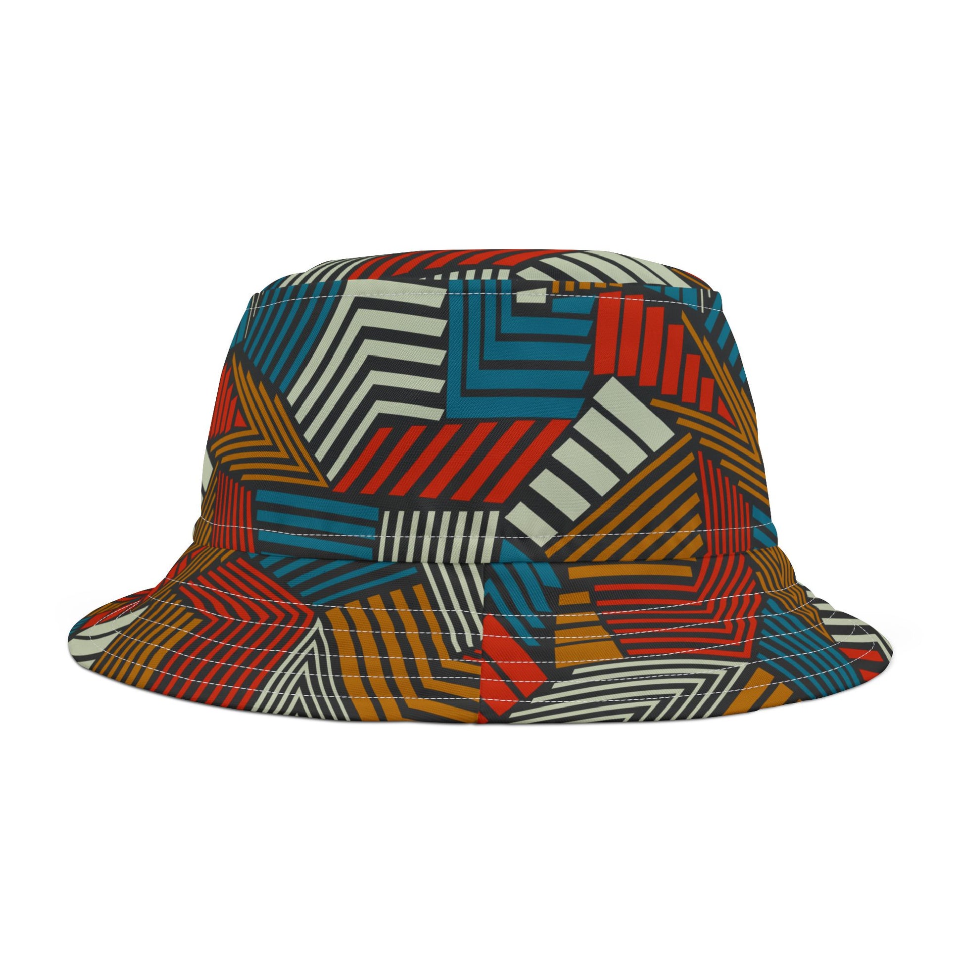 Colorful geometric patterned bucket hat on a white background