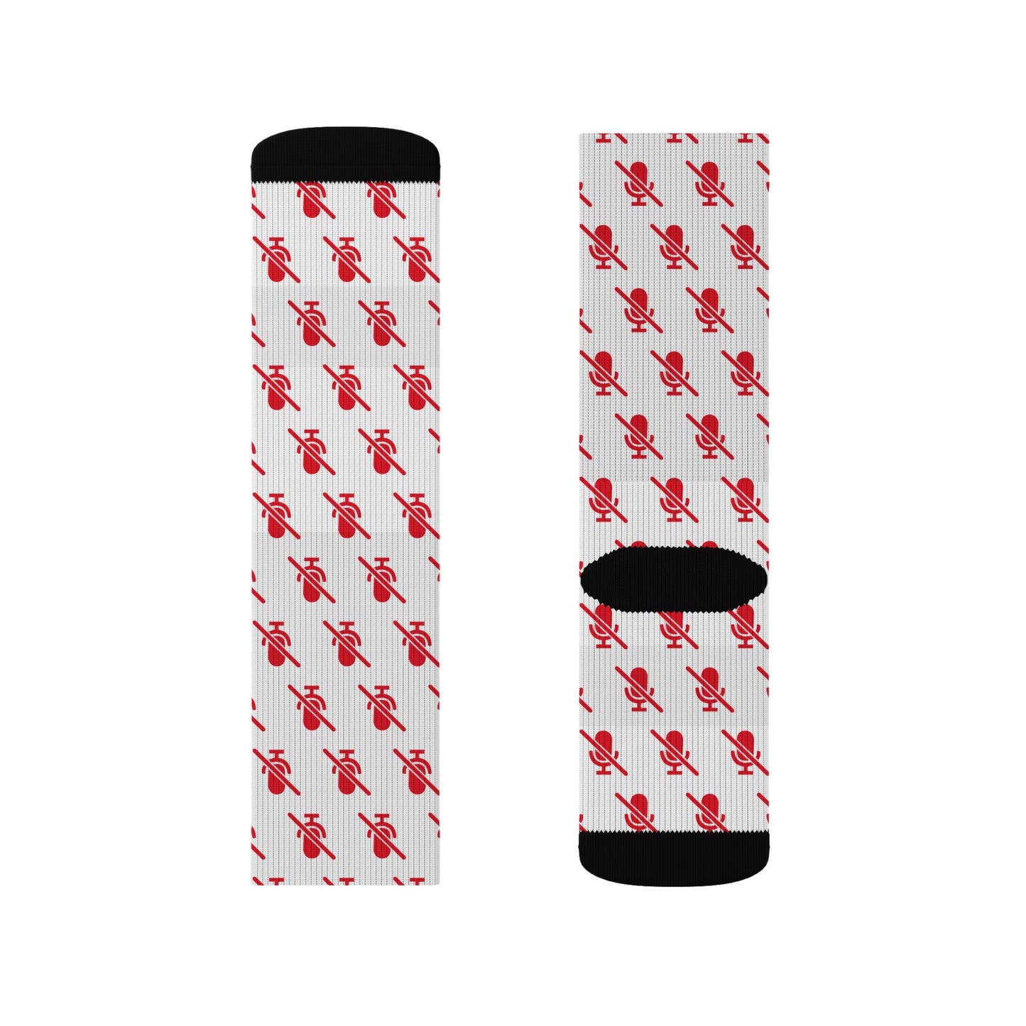 mic off crew socks white with red pattern flat lay product display