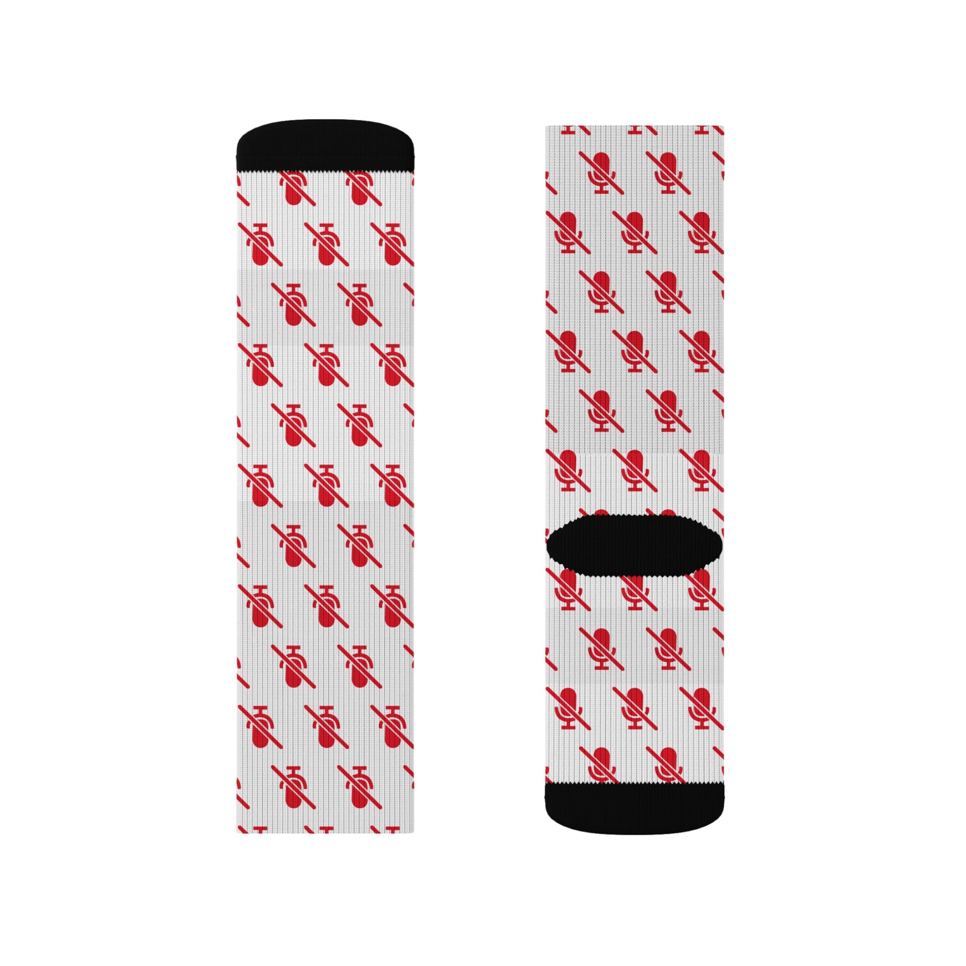 mic off crew socks white with red pattern flat lay product display