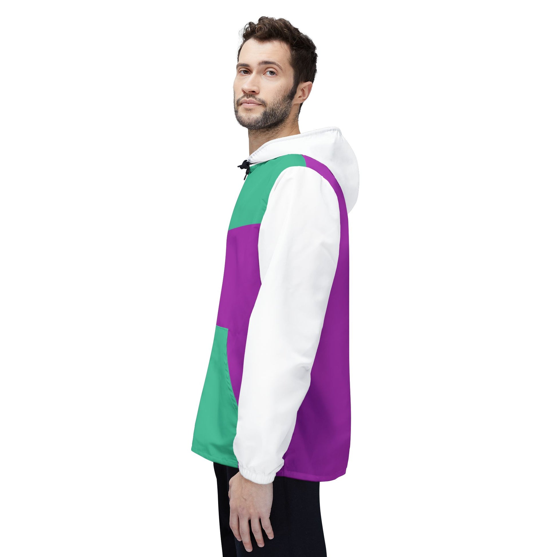 Male model wearing Retro Pink & Green Windbreaker Jacket side profile with white sleeve.