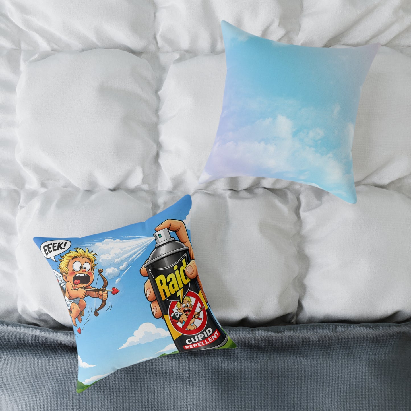 Cupid Slayer throw pillow on a bed with white pillows, showing the cartoon Cupid and Cupid Repellent design.