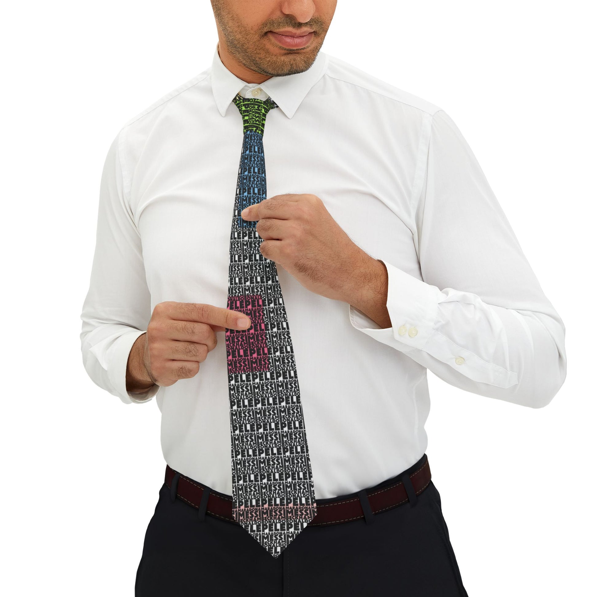 Man adjusting soccer legends typography necktie featuring Messi Pele Maradona Beckham Ronaldo football graphic tie