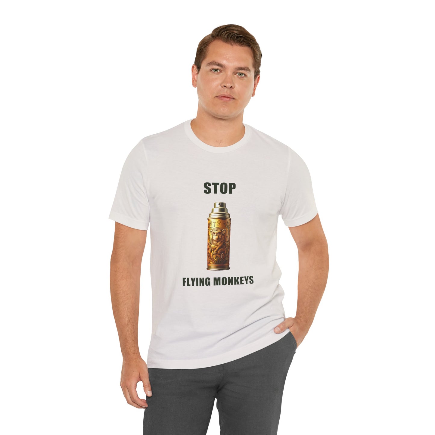 Man wearing white Stop Flying Monkeys T-Shirt Alternate Version front view