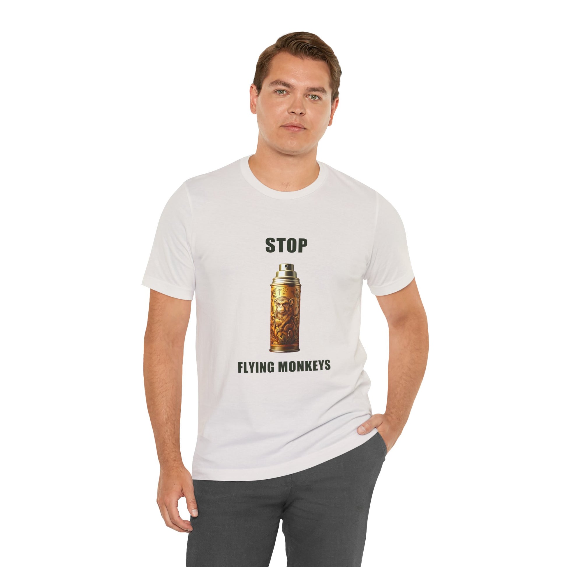 Man wearing white Stop Flying Monkeys T-Shirt Alternate Version front view