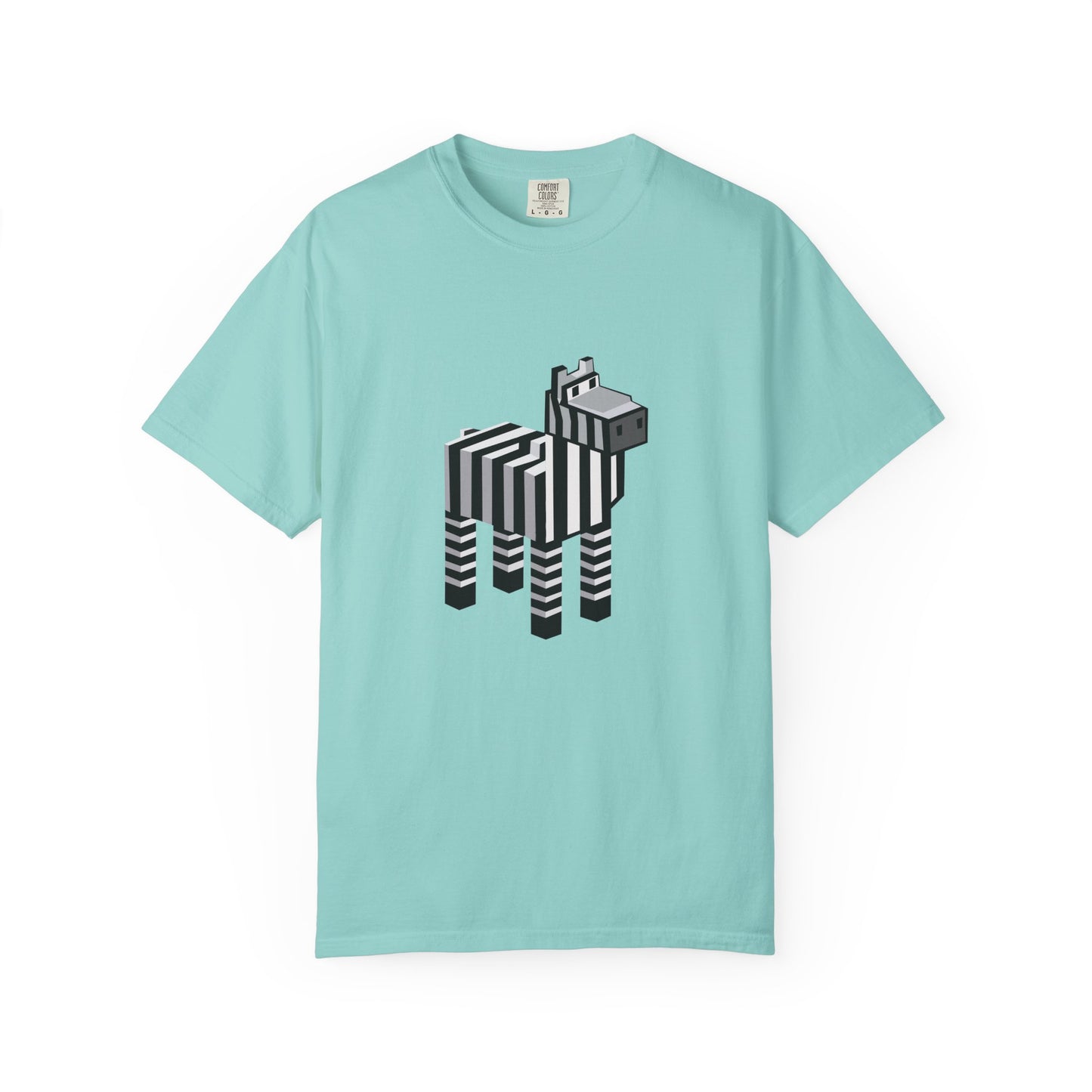 Unisex Pixel Zebra T-Shirt flat lay in light blue with pixel zebra design