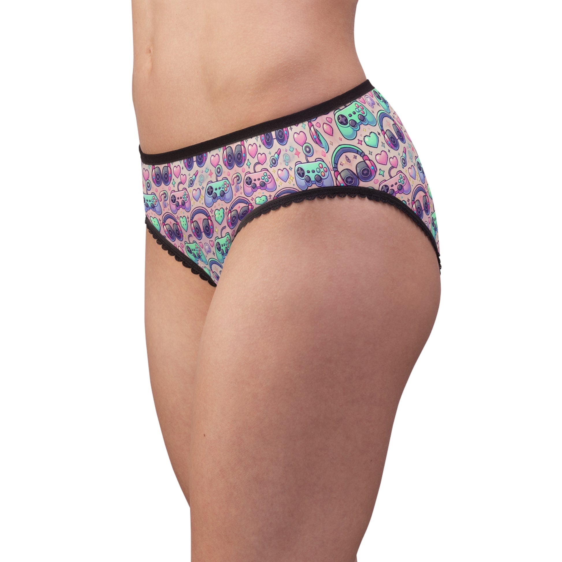 woman wearing gamer girl arcade print underwear side view
