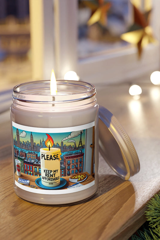 Lit Please Keep My Rent Affordable soy candle on wooden table near window