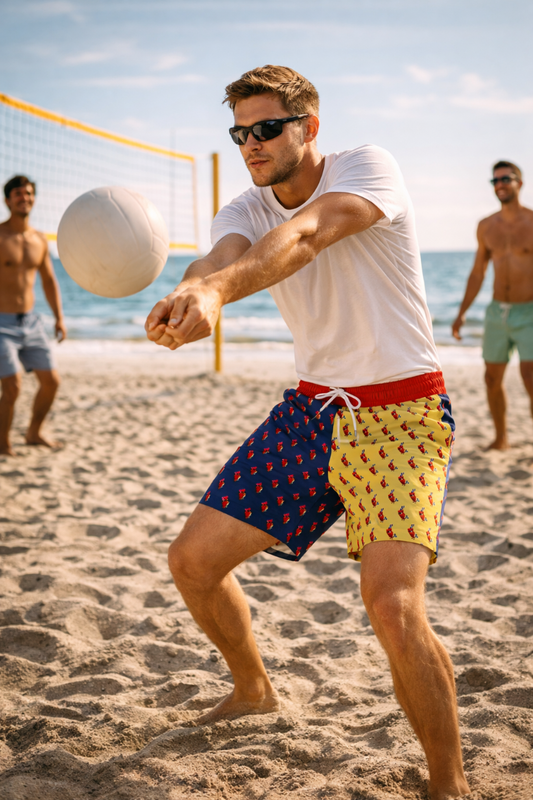 Male model playing beach volleyball wearing 8-Bit Parrot retro split panel swim shorts