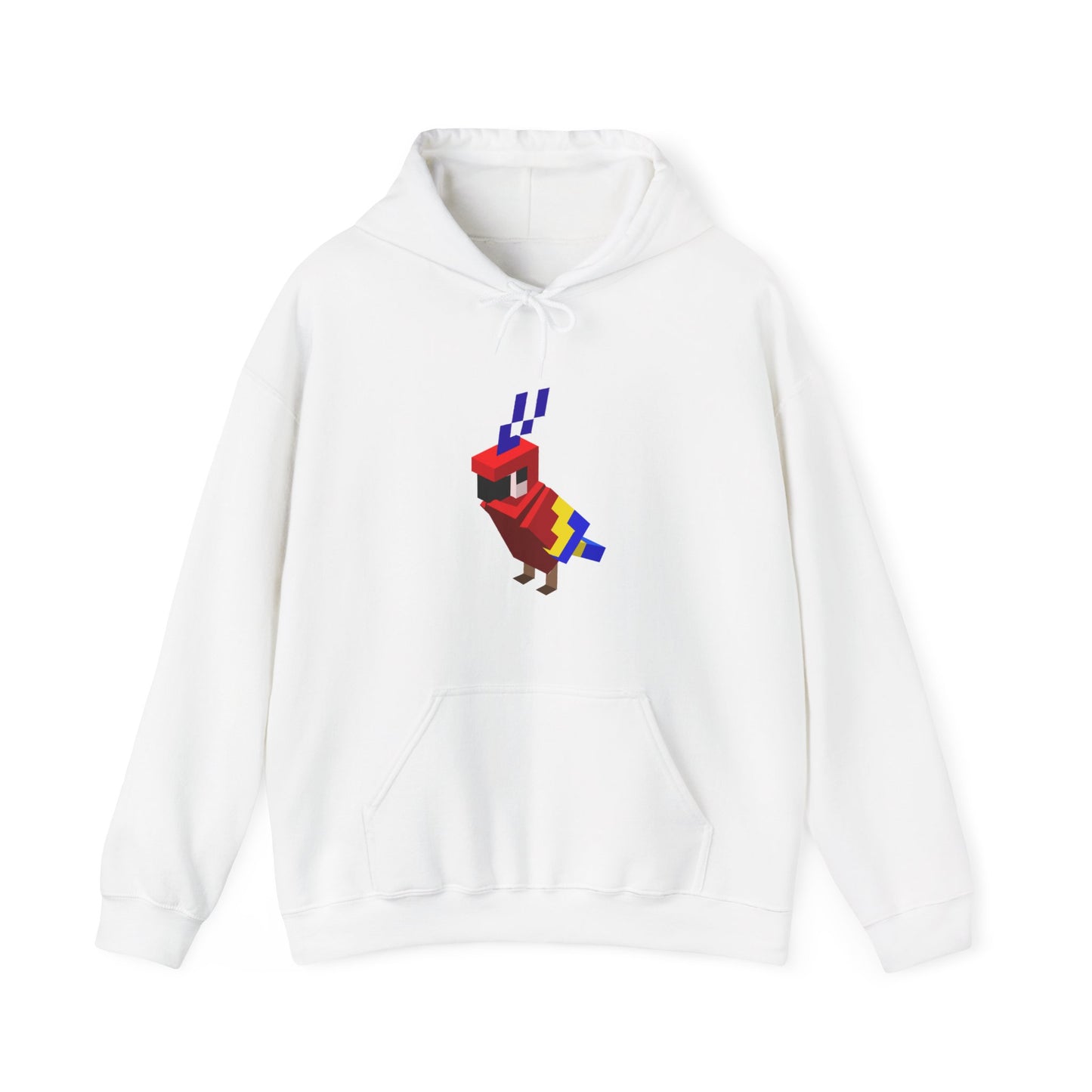 Arcade Parrot Hooded Sweatshirt – Retro Gaming Hoodie in white, front view