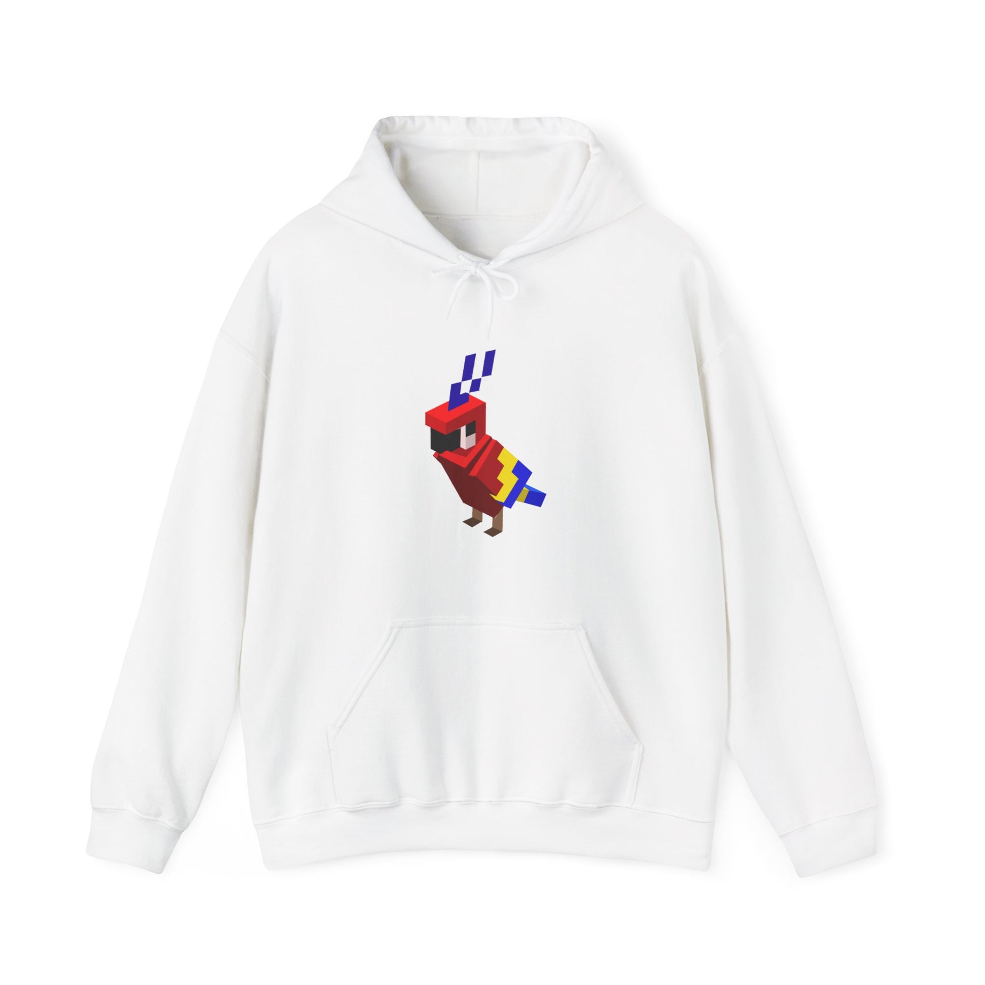 Arcade Parrot Hooded Sweatshirt – Retro Gaming Hoodie in white, front view