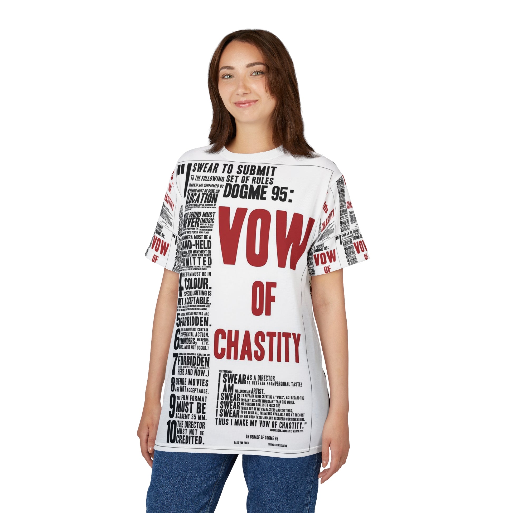 Female model wearing Dogma 95 Unisex T-shirt showing the front Vow of Chastity design and relaxed unisex fit.