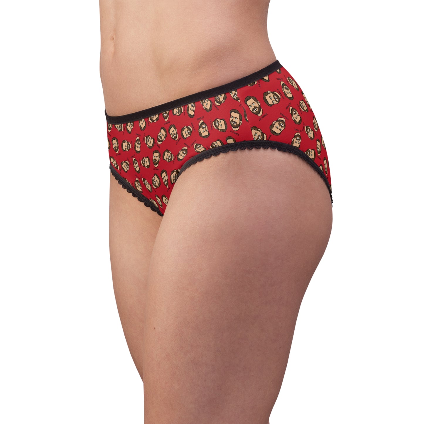 Female model wearing JD Vance panties side view showing fit and black trim detail