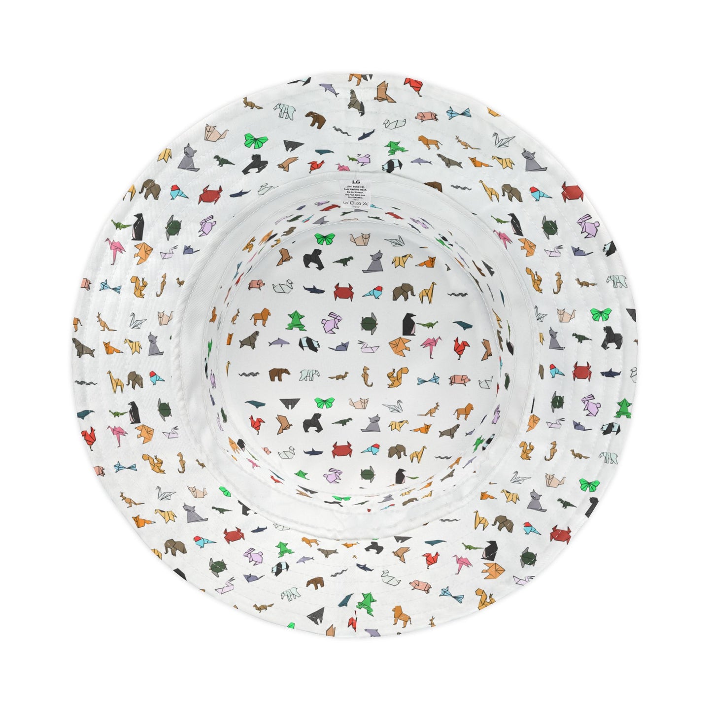 Inside view of patterned bucket hat with colorful origami animal print lining