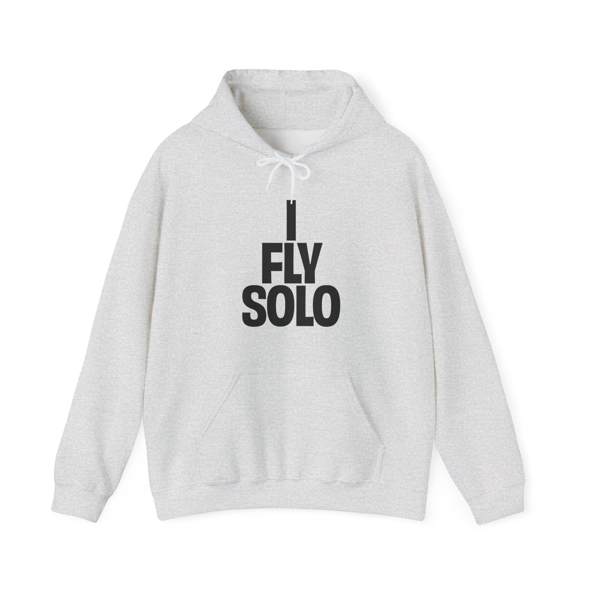 Gray hoodie with 'I Fly Solo' text on a white background