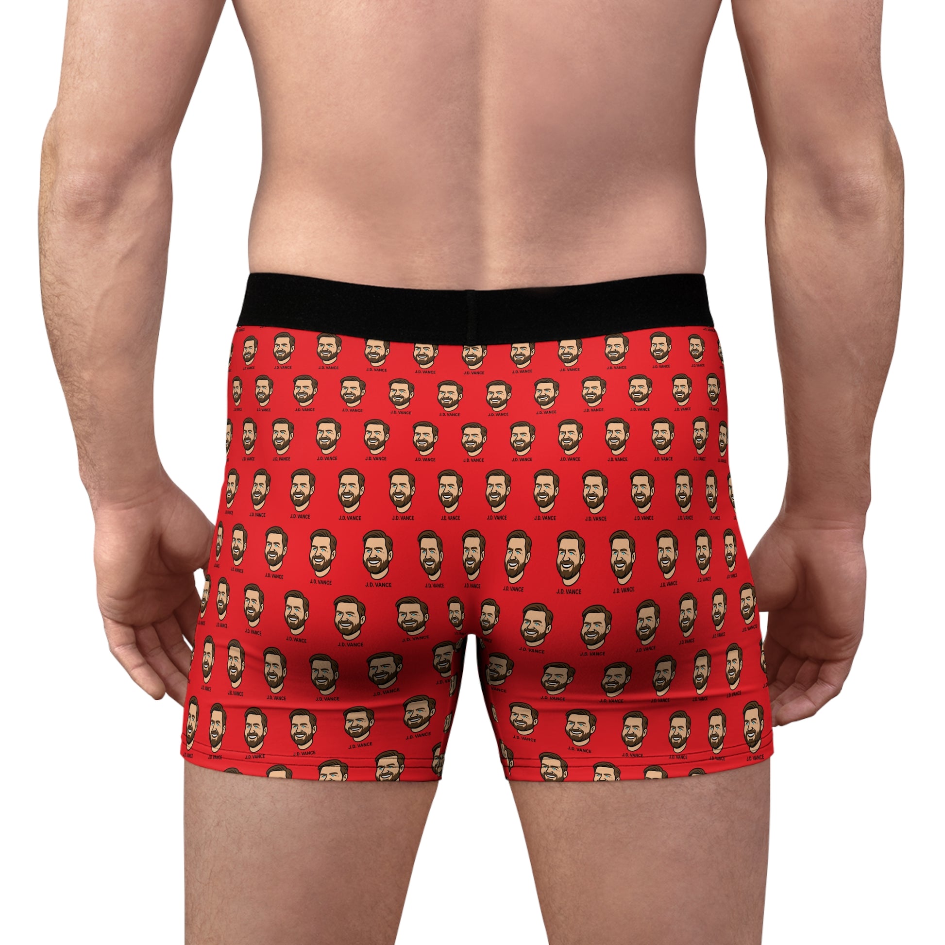 Male model wearing JD Vance boxer briefs back view showing full repeat pattern and fit