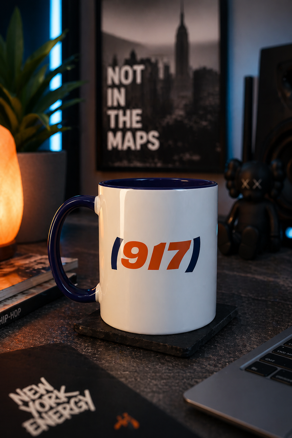 917 New York coffee mug ceramic cup lifestyle scene NYC area code mug on desk cinematic setup
