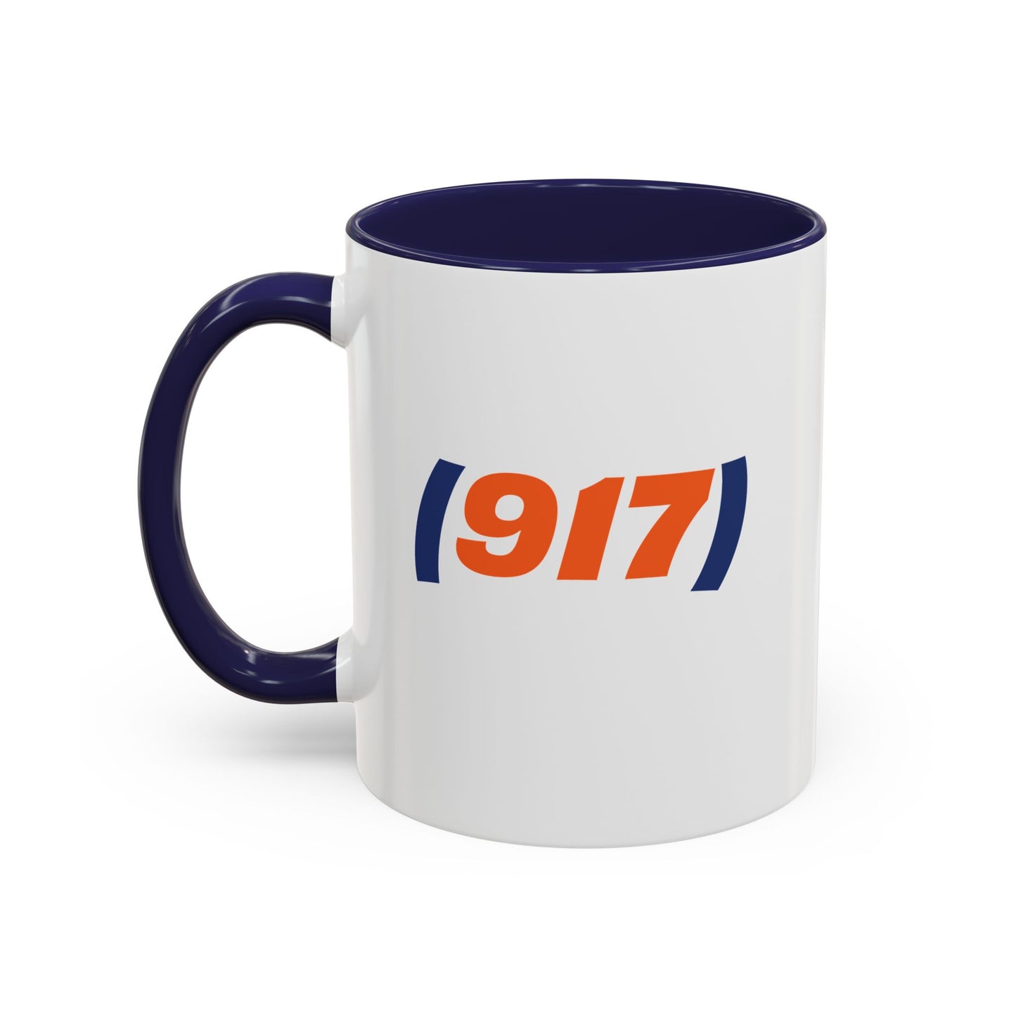 917 New York coffee mug front view ceramic NYC area code mug with navy handle