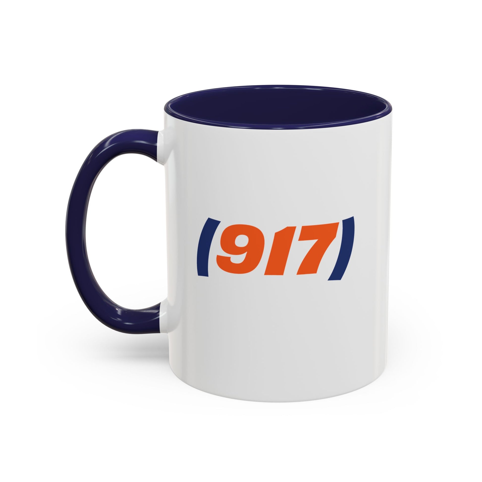 917 New York coffee mug front view ceramic NYC area code mug with navy handle