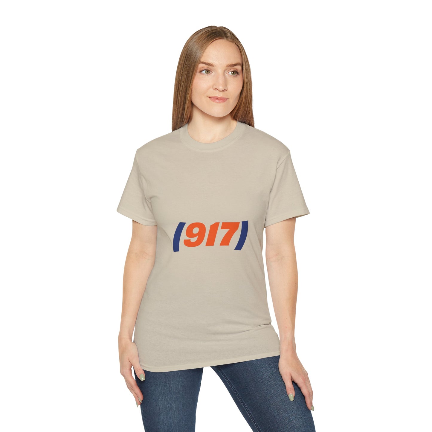 Female model wearing 917 New York t-shirt beige streetwear graphic tee NYC design
