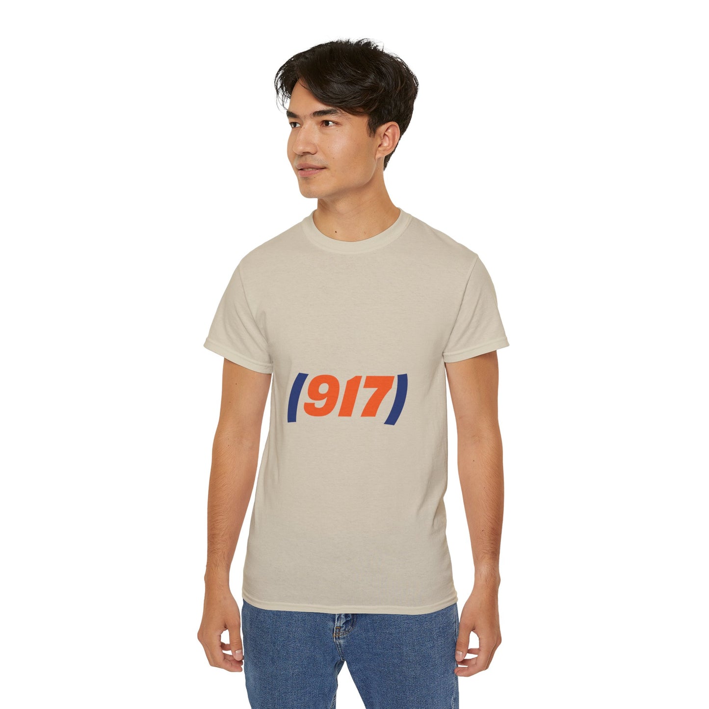 Male model wearing 917 New York t-shirt beige streetwear graphic tee NYC area code design