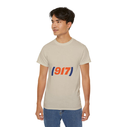 Male model wearing 917 New York t-shirt beige streetwear graphic tee NYC area code design