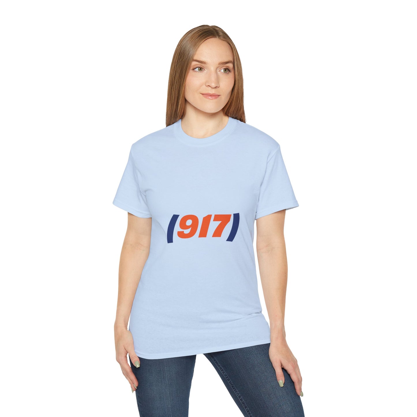 Female model wearing blue 917 New York t-shirt with NYC area code streetwear graphic tee