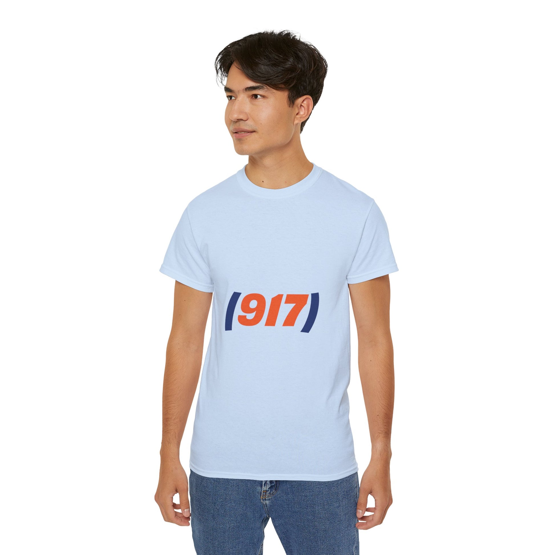 Male model wearing blue 917 New York t-shirt with minimalist NYC area code graphic
