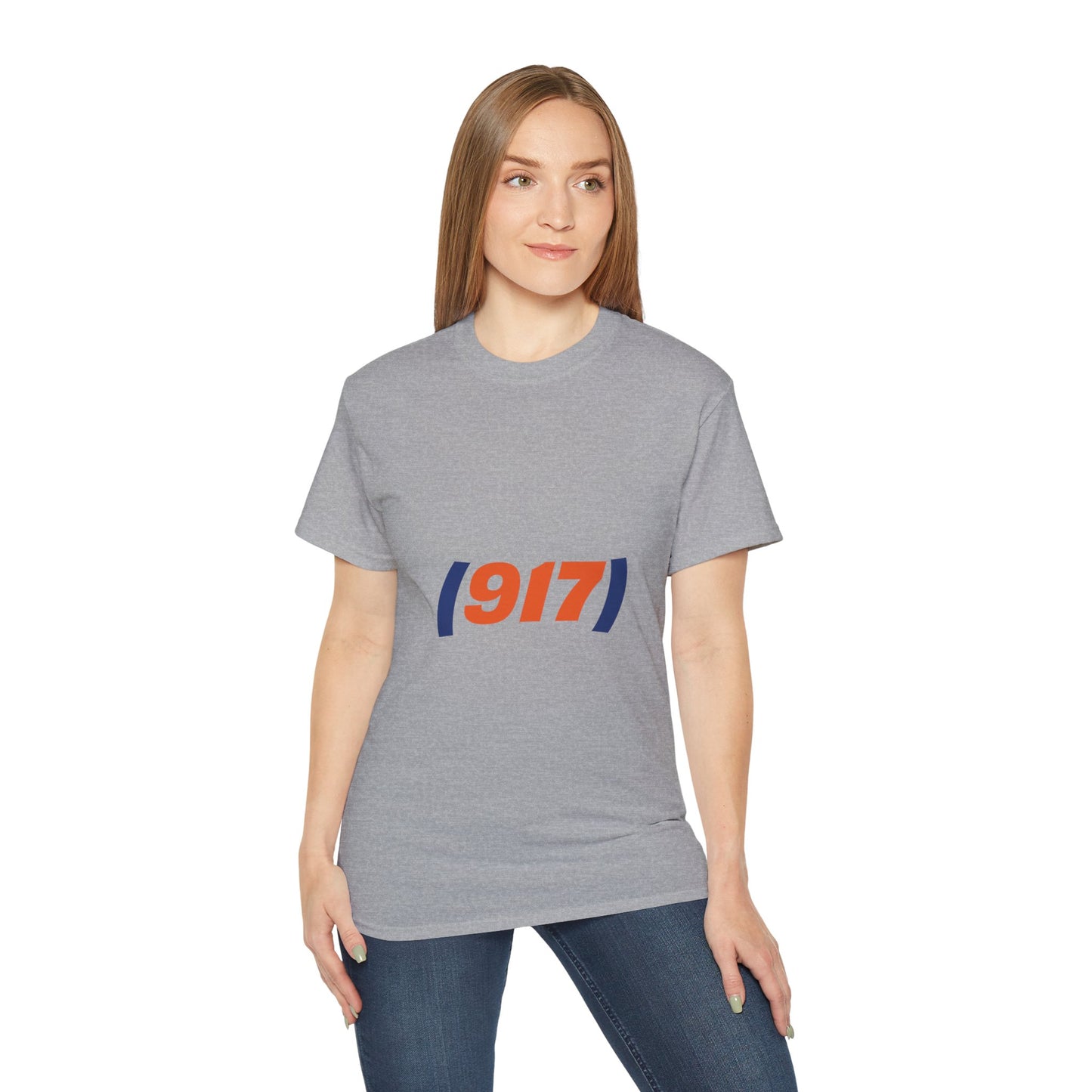 Female model wearing grey 917 New York t-shirt with NYC area code graphic tee design