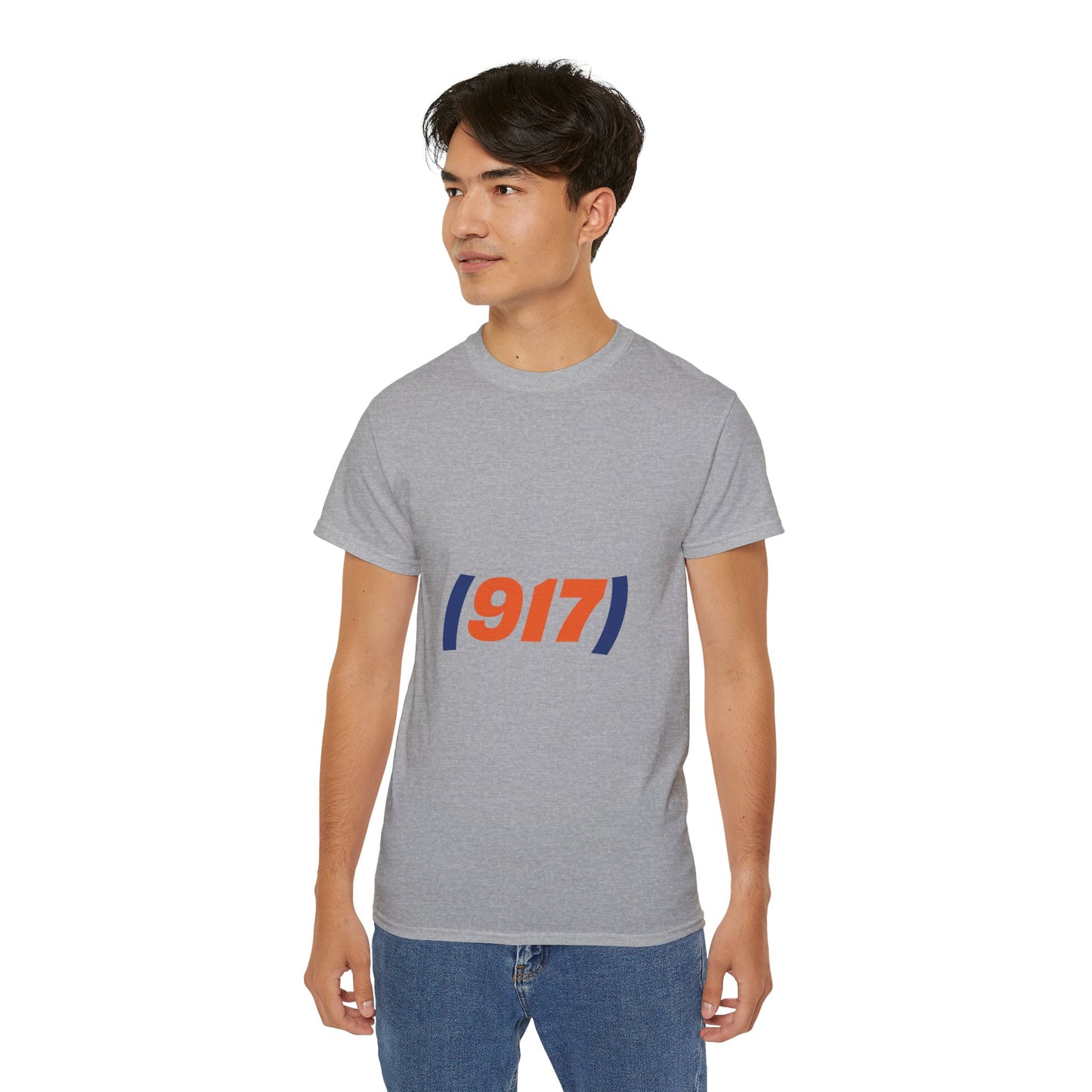 Male model wearing grey 917 New York t-shirt with NYC area code streetwear design
