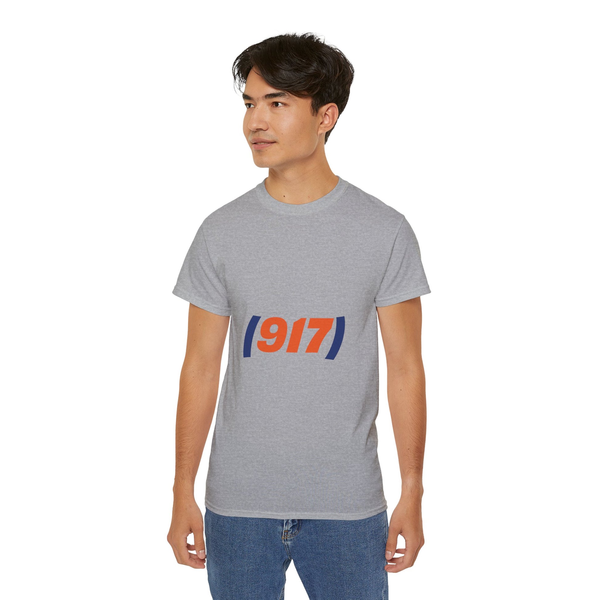 Male model wearing grey 917 New York t-shirt with NYC area code streetwear design
