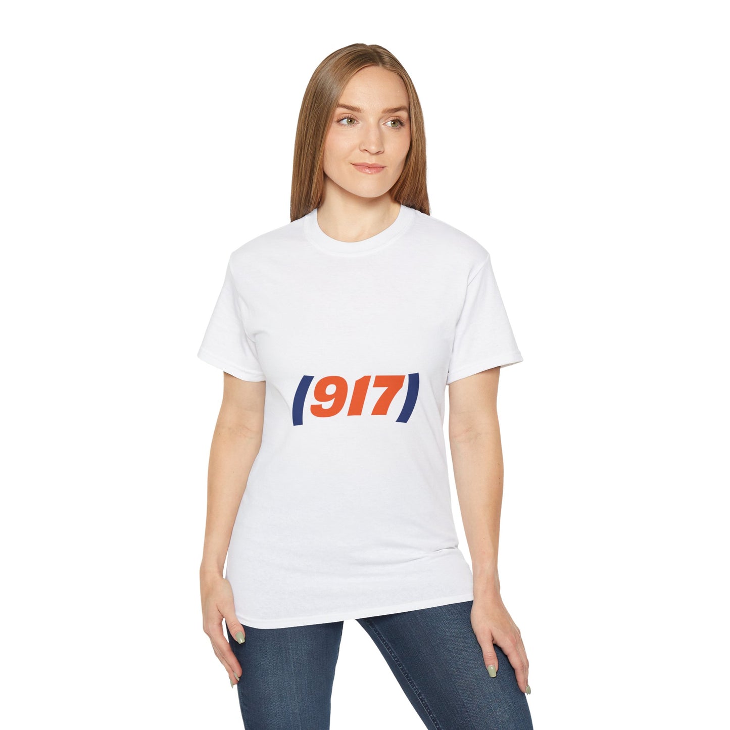 Female model wearing white 917 New York t-shirt with minimalist NYC area code graphic
