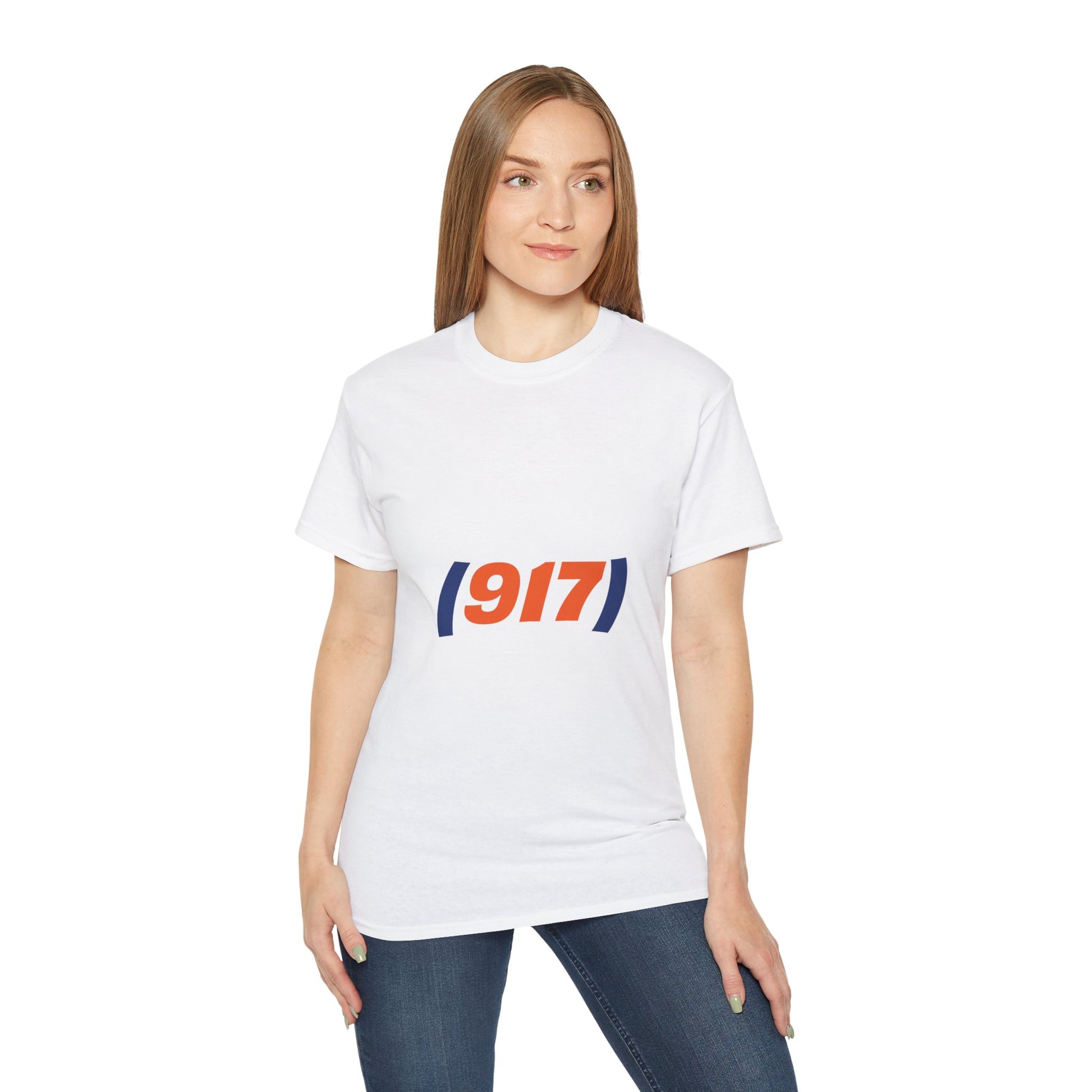Female model wearing white 917 New York t-shirt with minimalist NYC area code graphic

