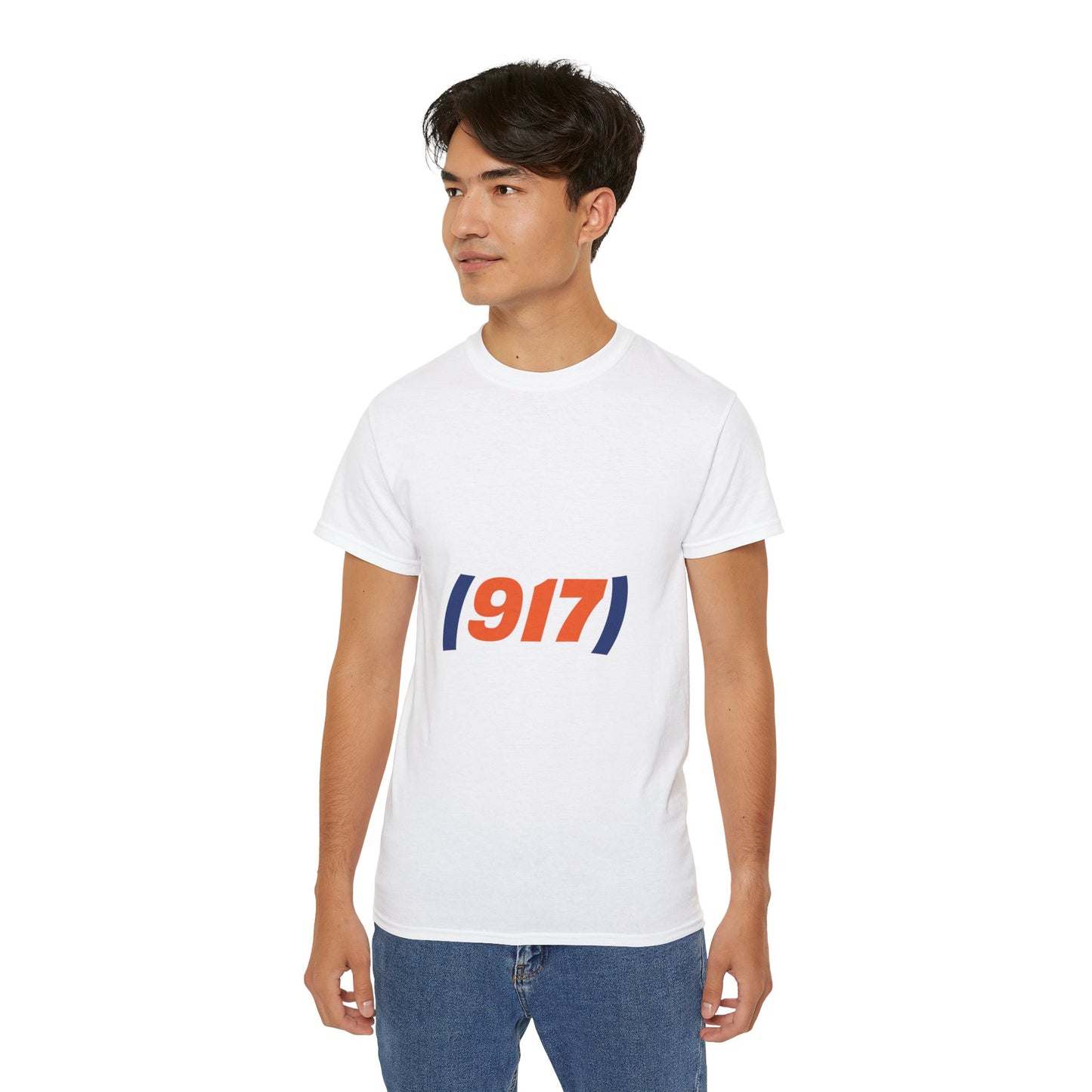 Male model wearing white 917 New York t-shirt with NYC area code graphic design