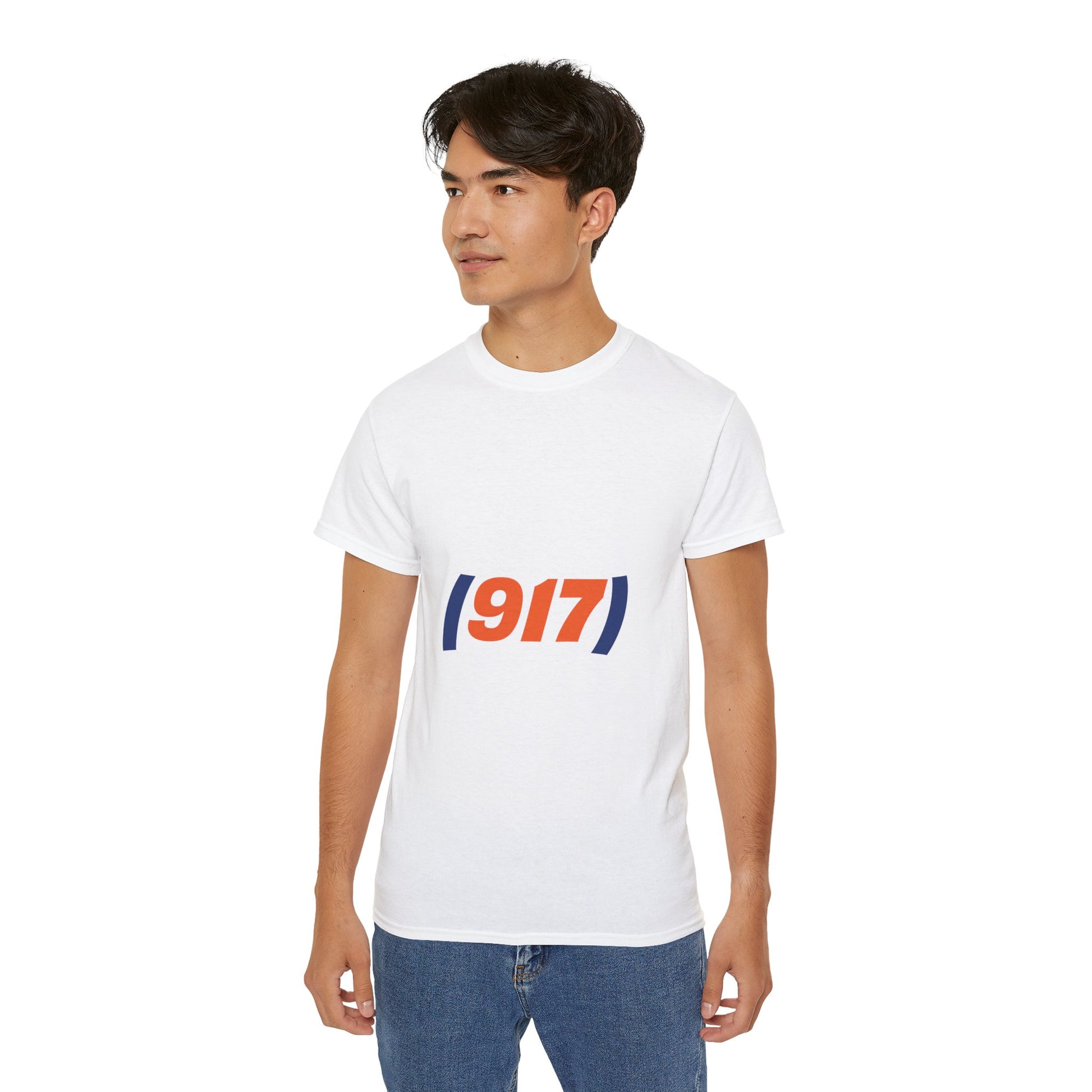 Male model wearing white 917 New York t-shirt with NYC area code graphic design