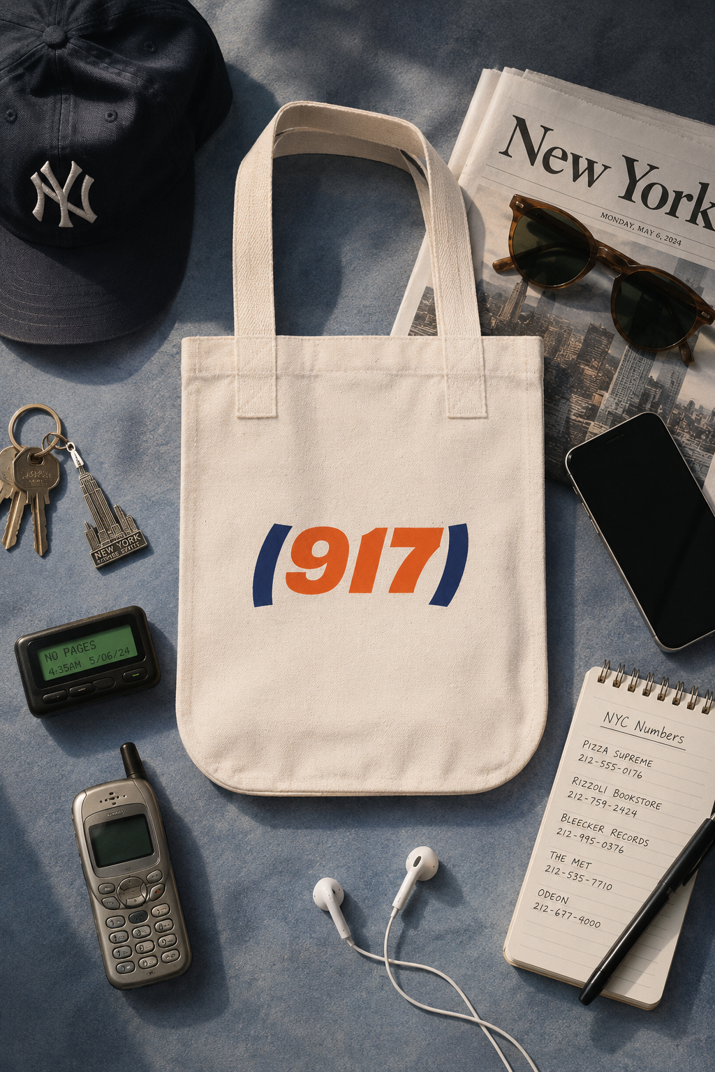 917 NYC canvas tote bag in an editorial flat lay with New York accessories, phone, newspaper and city-inspired details.