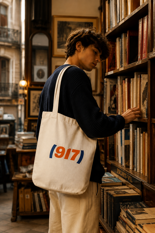 Gen Z man carrying a 917 NYC canvas tote bag while browsing books in a vintage European bookstore.
