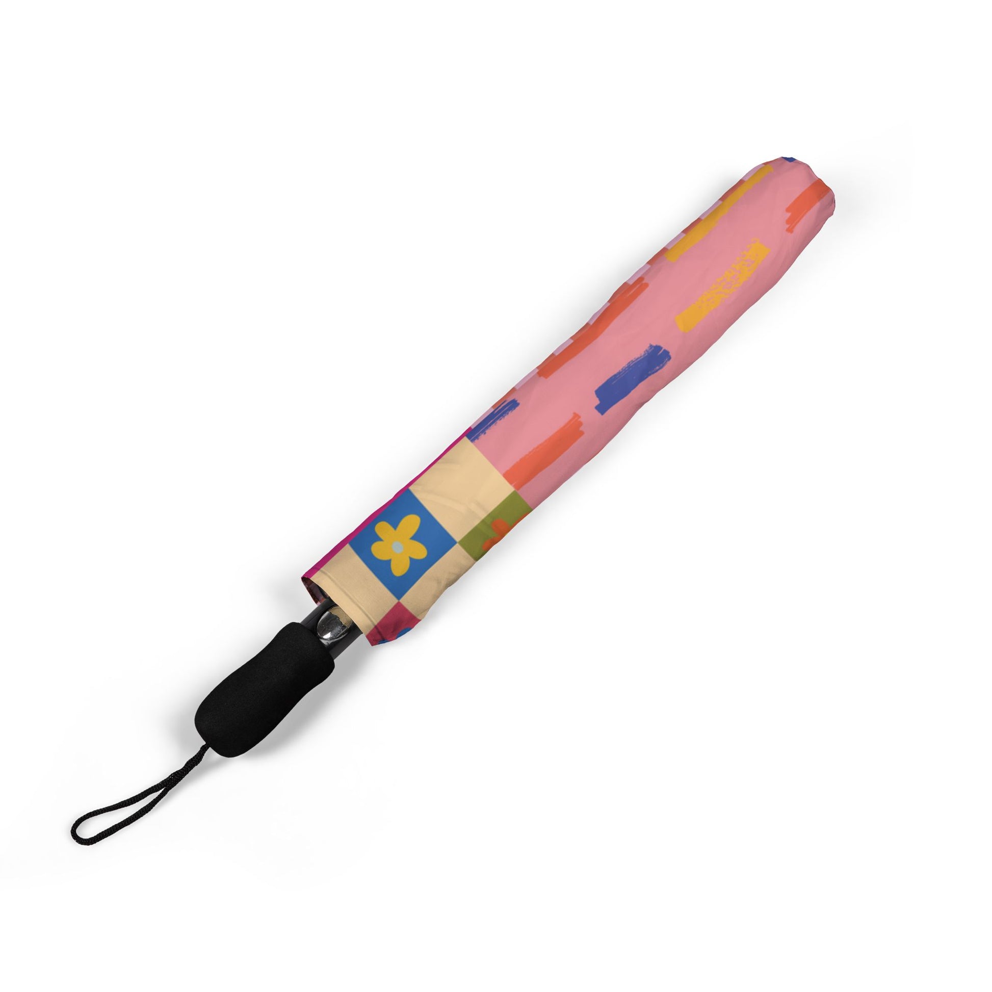 Sleeve of a pink patchwork-style semi-automatic umbrella with floral and checkered quilt-inspired patterns