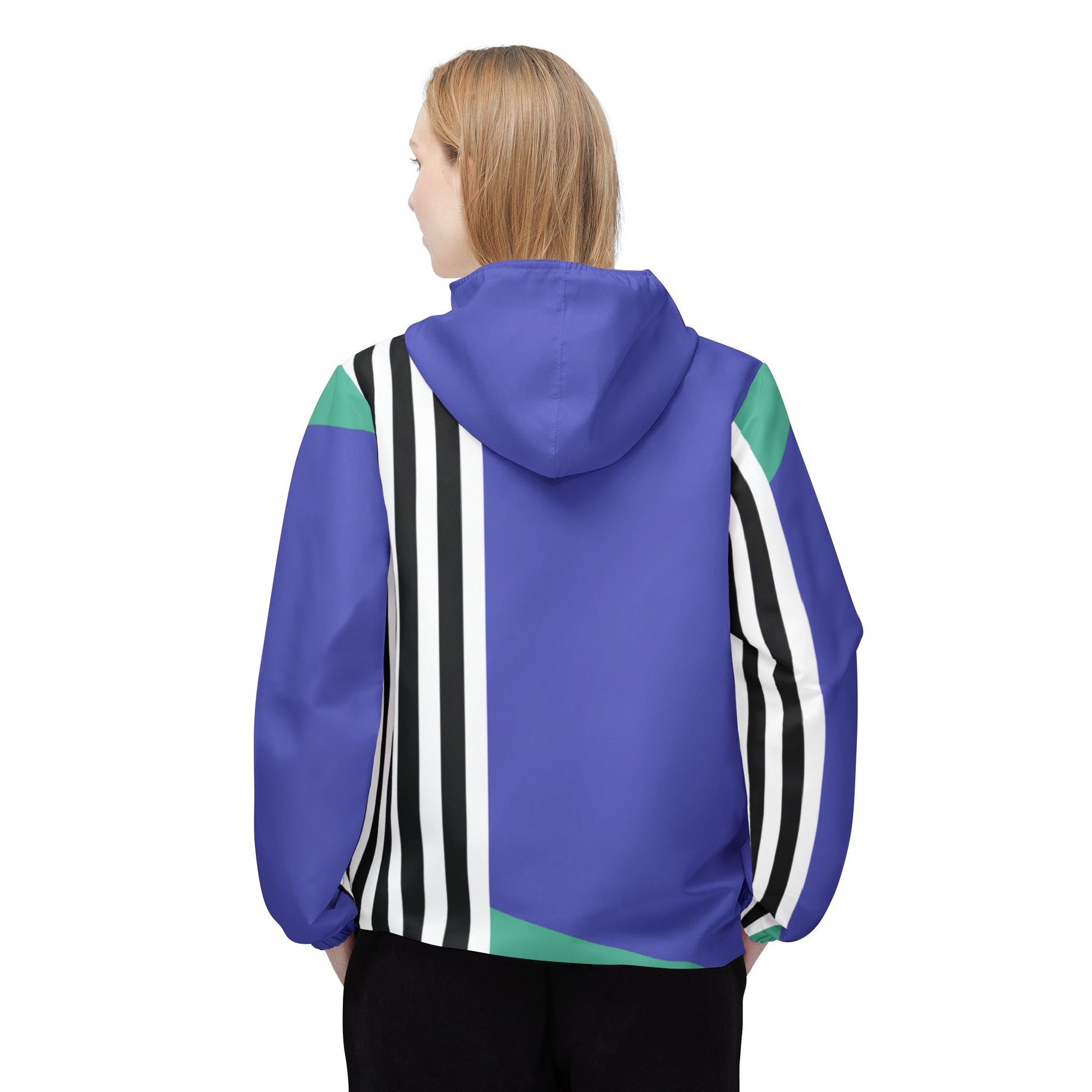 Female model back view of Retro Lines Windbreaker Jacket with vertical black-and-white stripes and green accent.