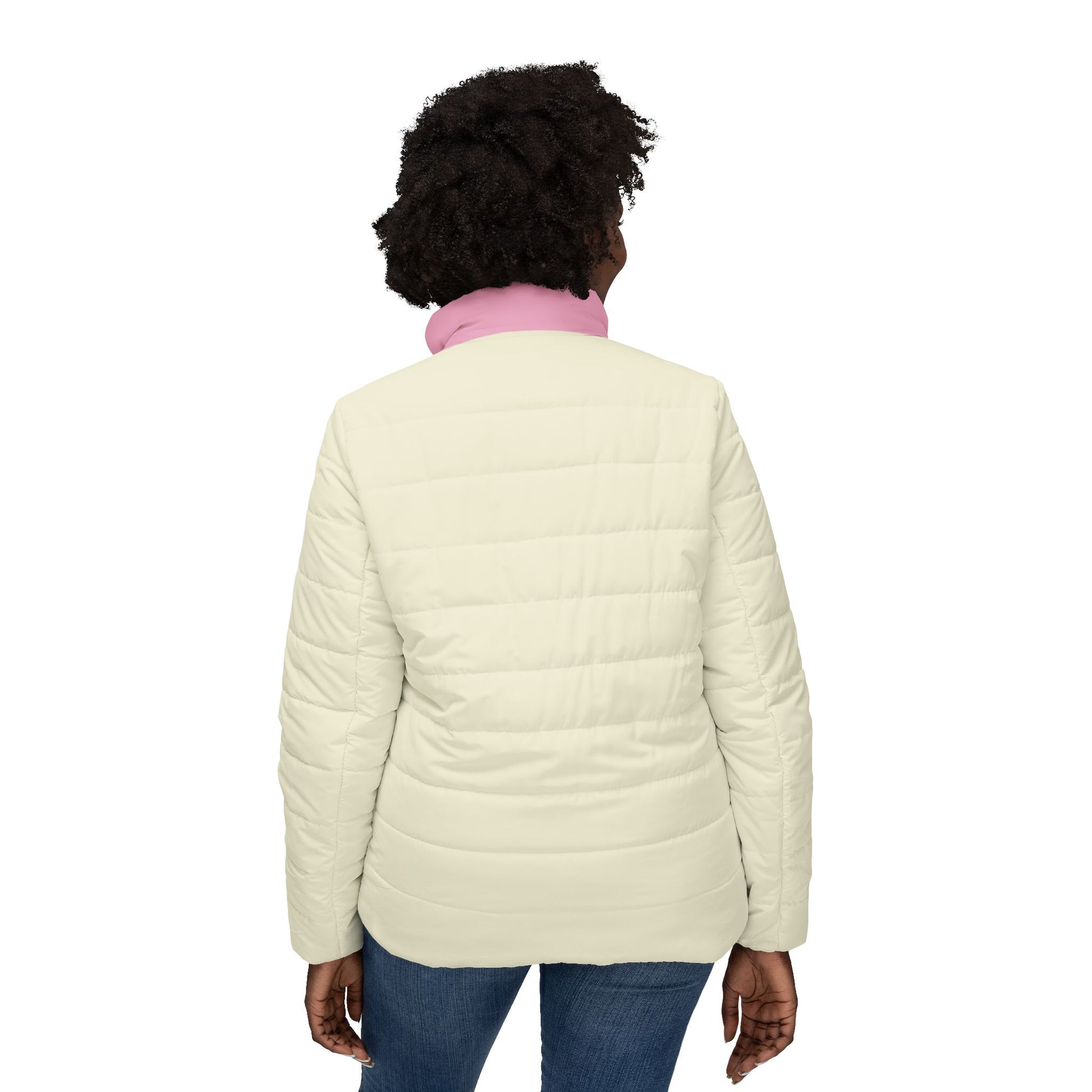 Woman modeling Pinky Pac-Man women’s puffer jacket back view