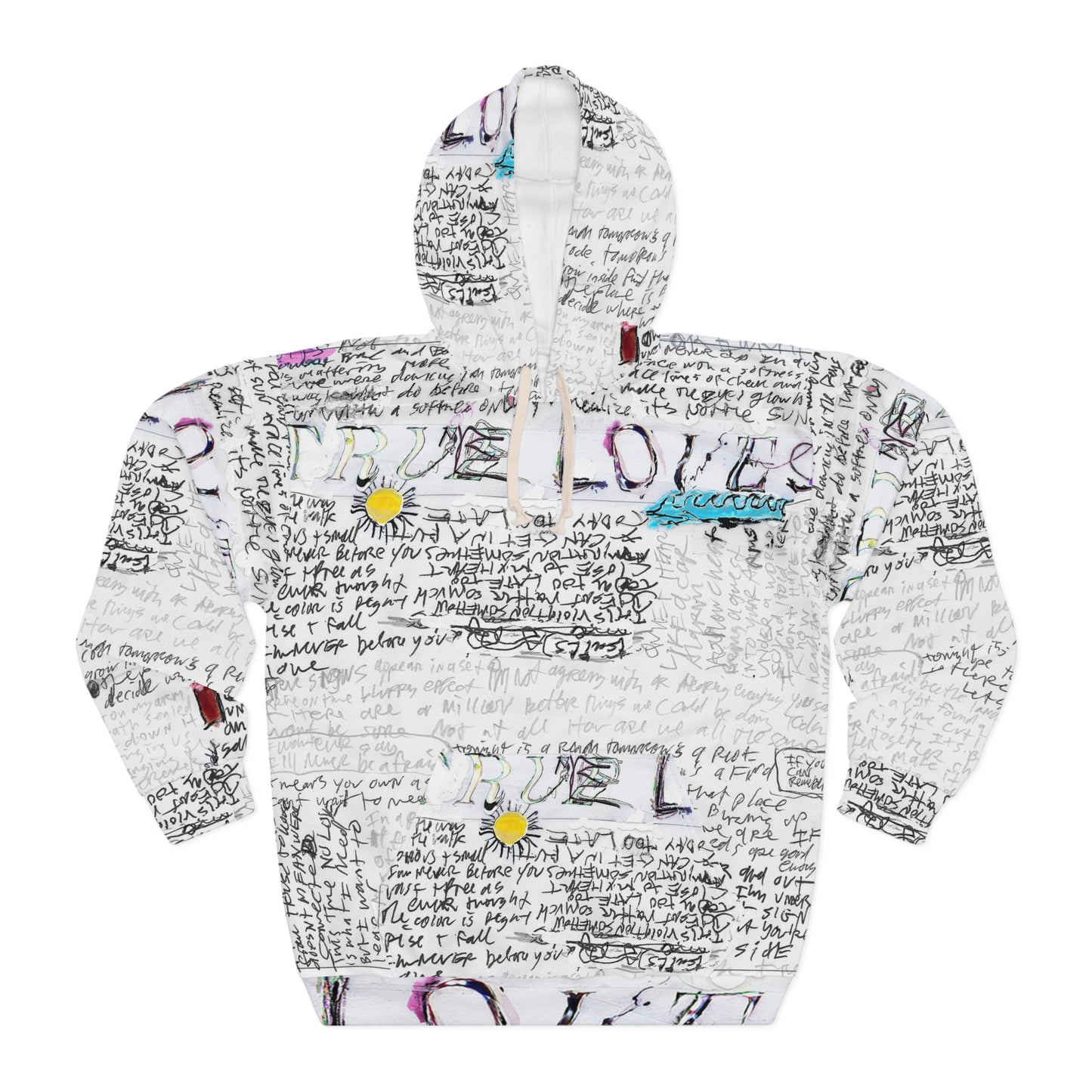 Front view of white unisex hoodie with all-over handwritten text and colorful doodle artwork inspired by Hooray for Earth’s True Loves album