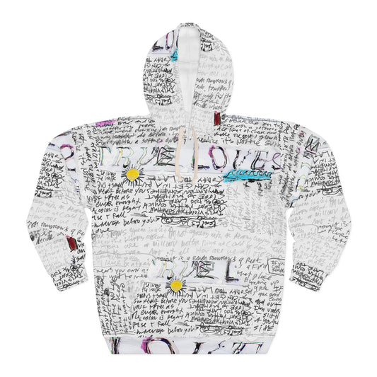 Front view of white unisex hoodie with all-over handwritten text and colorful doodle artwork inspired by Hooray for Earth’s True Loves album