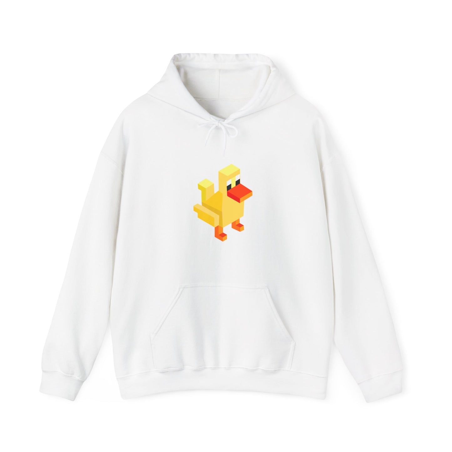 White pixel duck gaming hoodie, retro arcade style unisex sweatshirt gamer fashion on white background