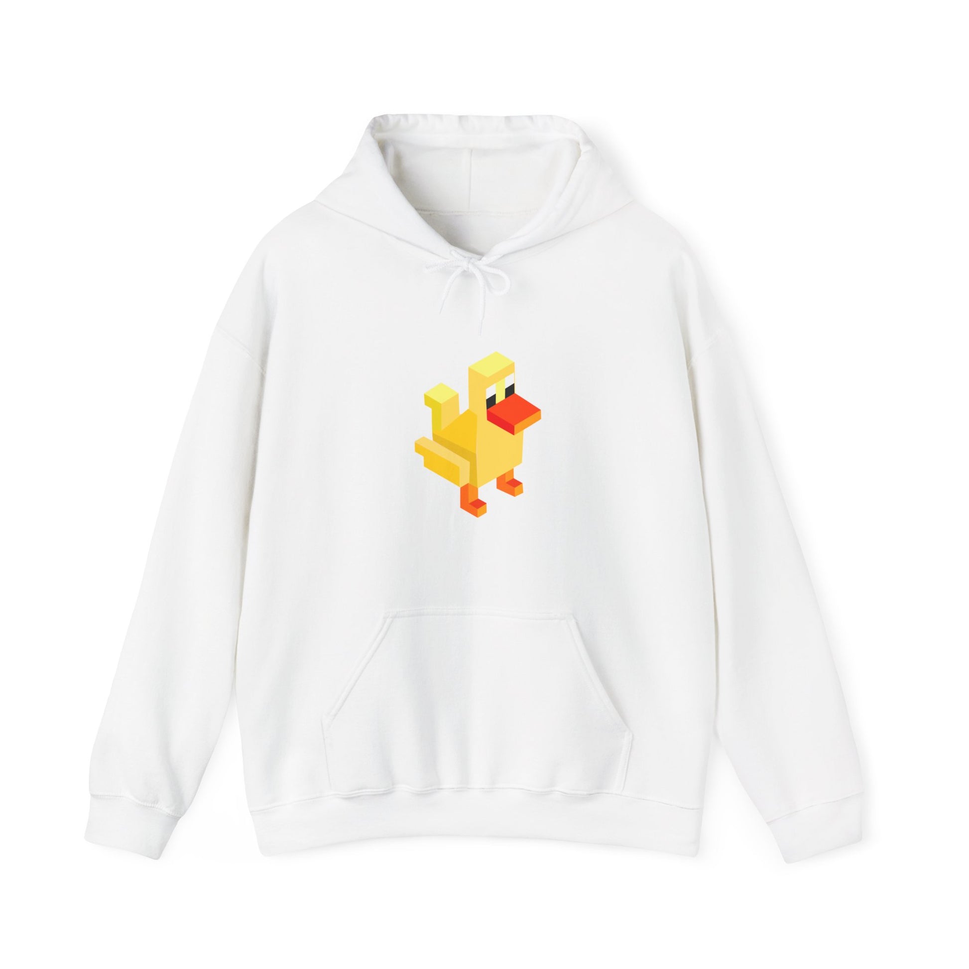 White pixel duck gaming hoodie, retro arcade style unisex sweatshirt gamer fashion on white background