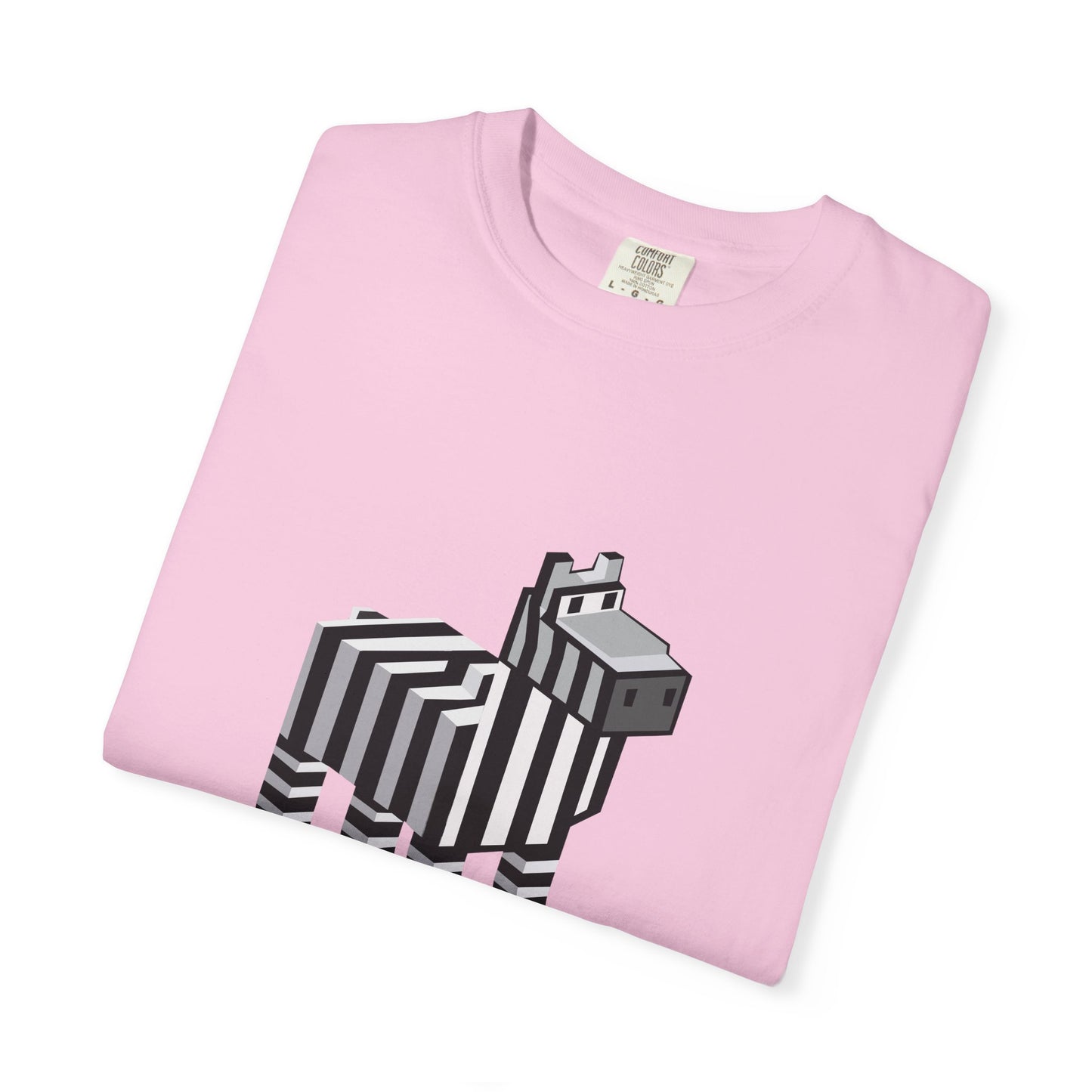 Unisex Pixel Zebra T-Shirt folded flat in pink with pixel zebra design