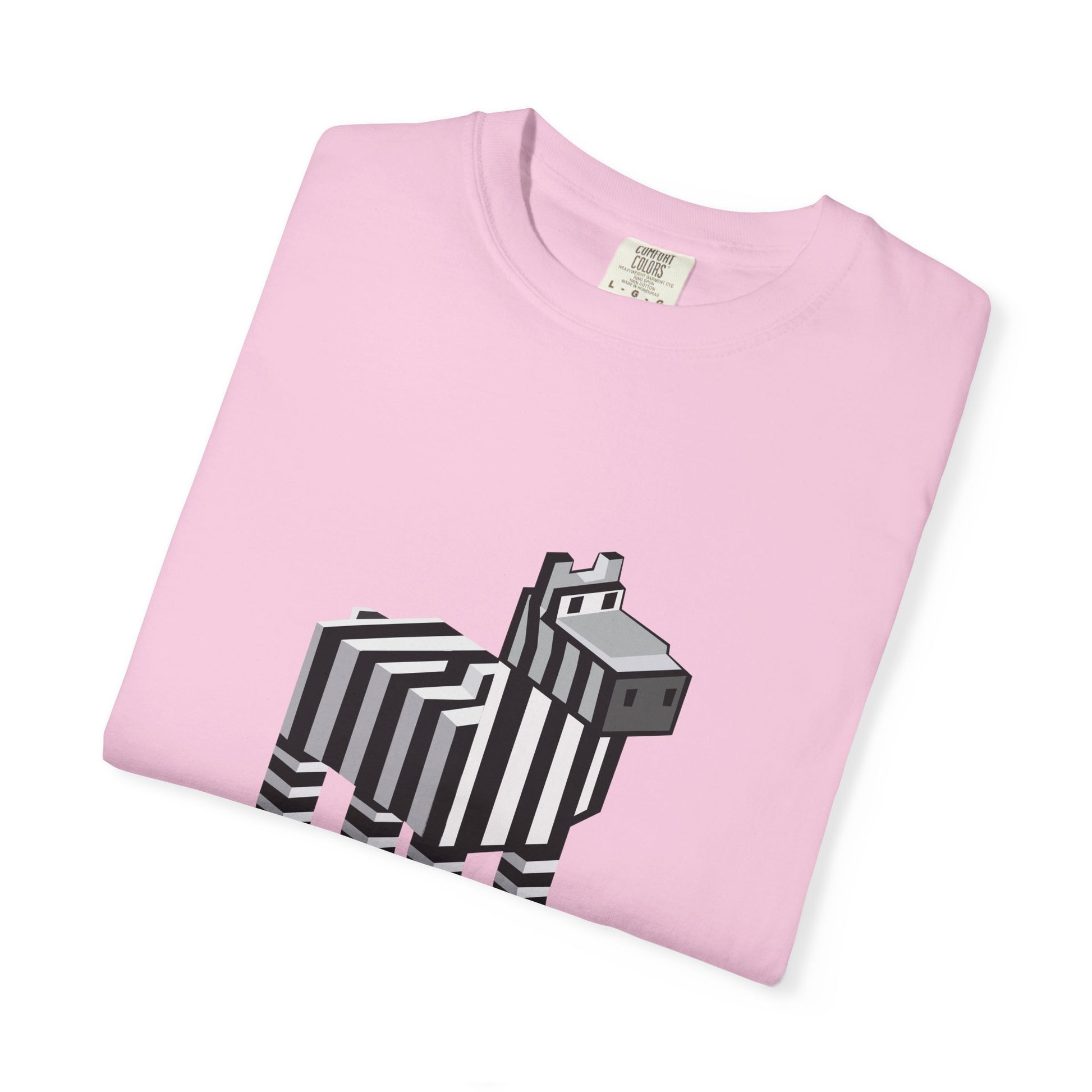 Unisex Pixel Zebra T-Shirt folded flat in pink with pixel zebra design