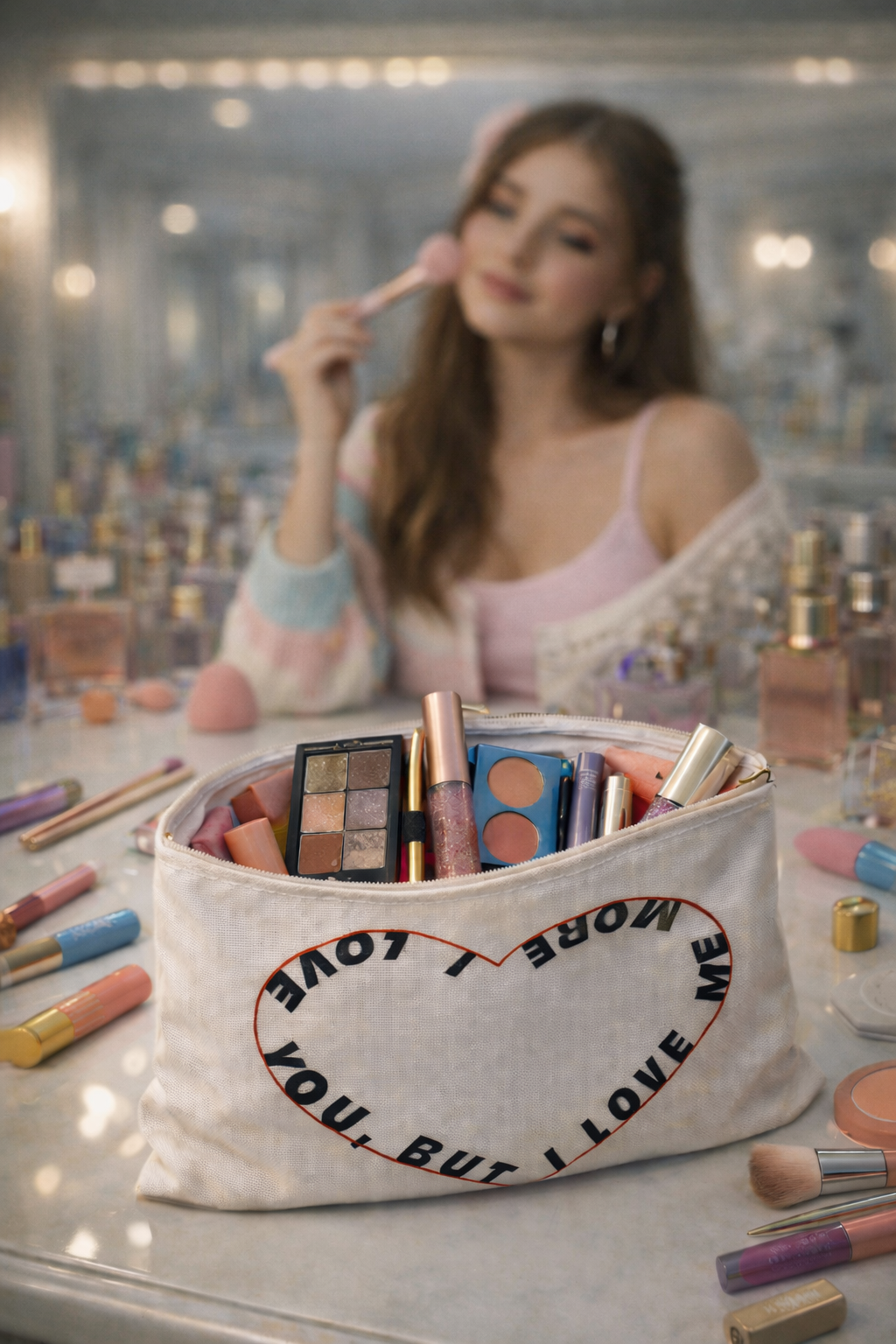 Lifestyle photo of woman doing makeup using I Love You But I Love Me More Pouch on vanity