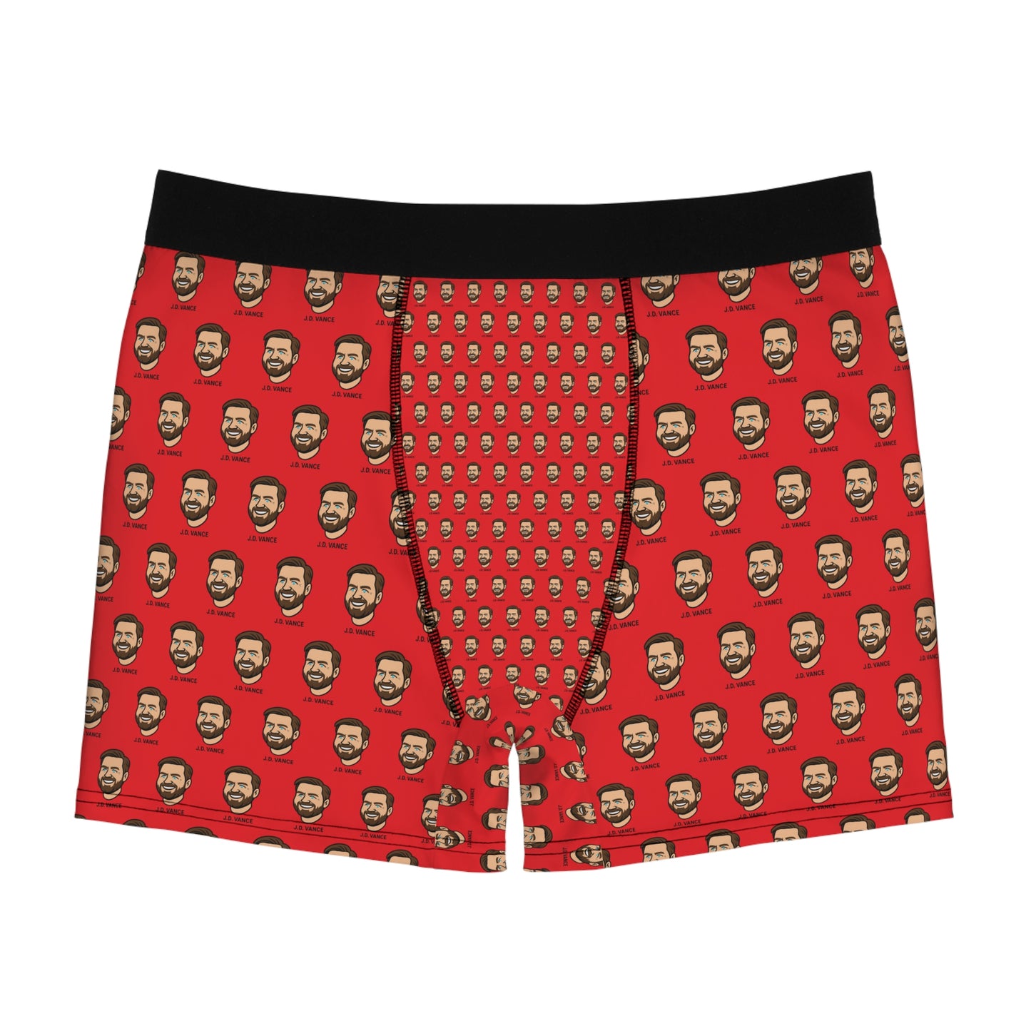 JD Vance boxer briefs with repeating face print on red background and black waistband front view
