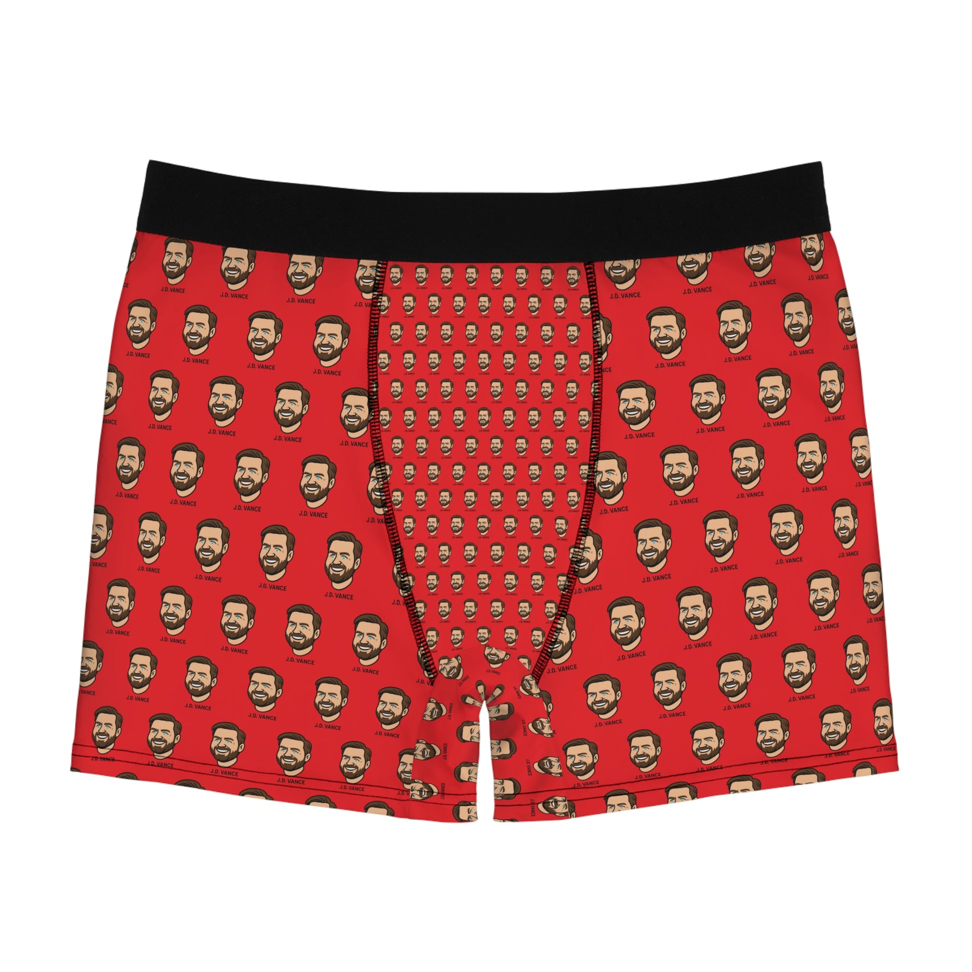 JD Vance boxer briefs with repeating face print on red background and black waistband front view