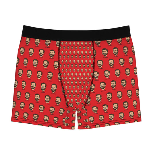 JD Vance boxer briefs with repeating face print on red background and black waistband front view